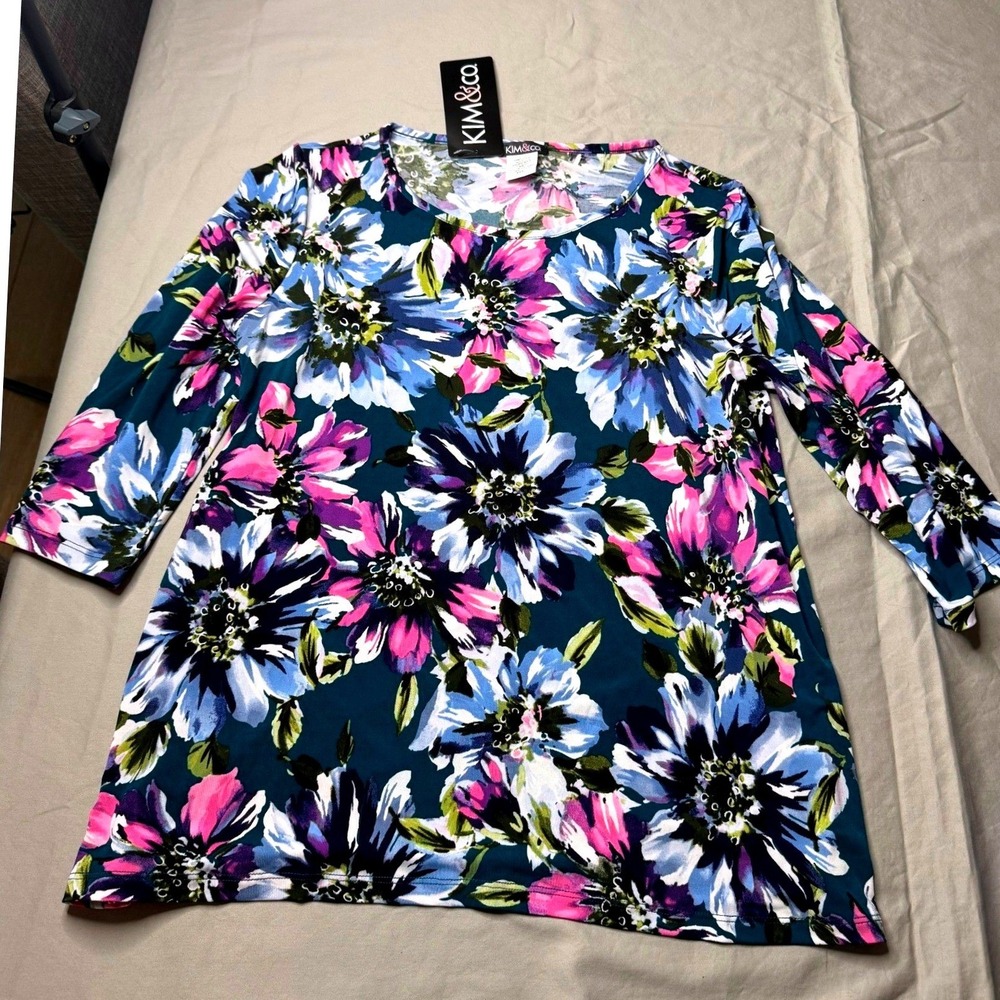 Kim & Co Women Teal Multi Floral 3/4 Sleeve Top Size M 15390T-4276-I21 NWT